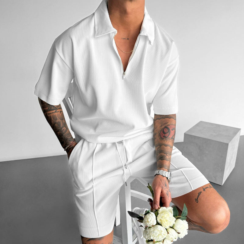 🔥 Men’s Ribbed Zip Polo Shirt & Shorts Set – Summer Casual Loungewear Co-ord (Various Colours)