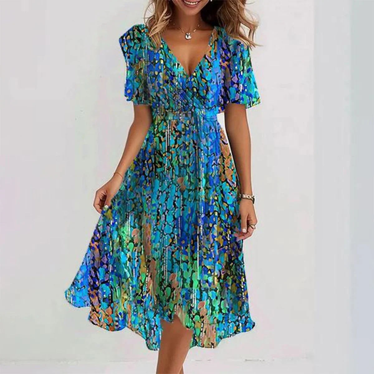 Chiffon Wrap Midi Dress with Flutter Sleeves – Available in Various Colours