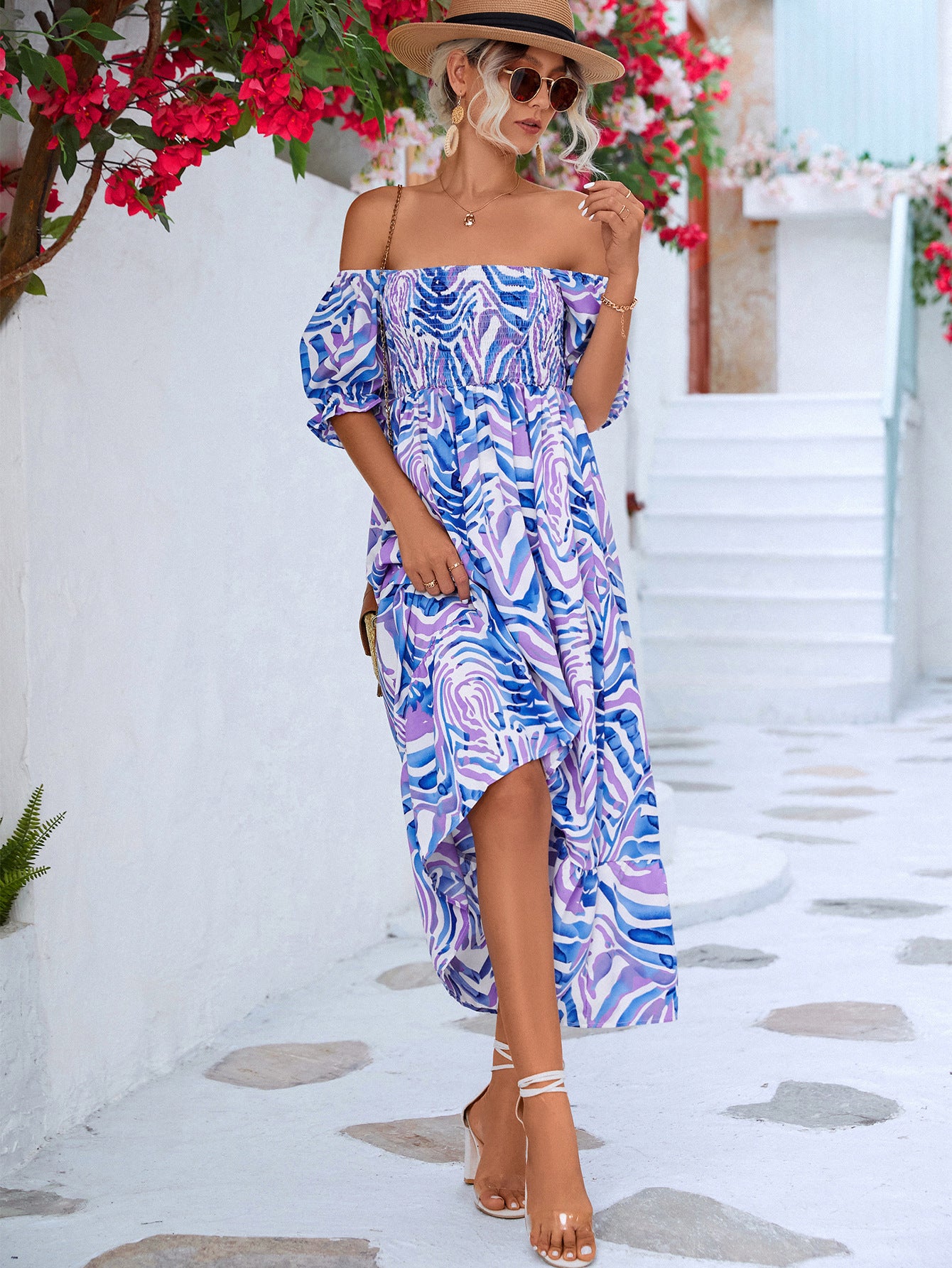 πΈ TrendPrints Off-Shoulder Boho Midi Dress β Smocked Summer Holiday Dress with Puff Sleeves β Available in Various Colours