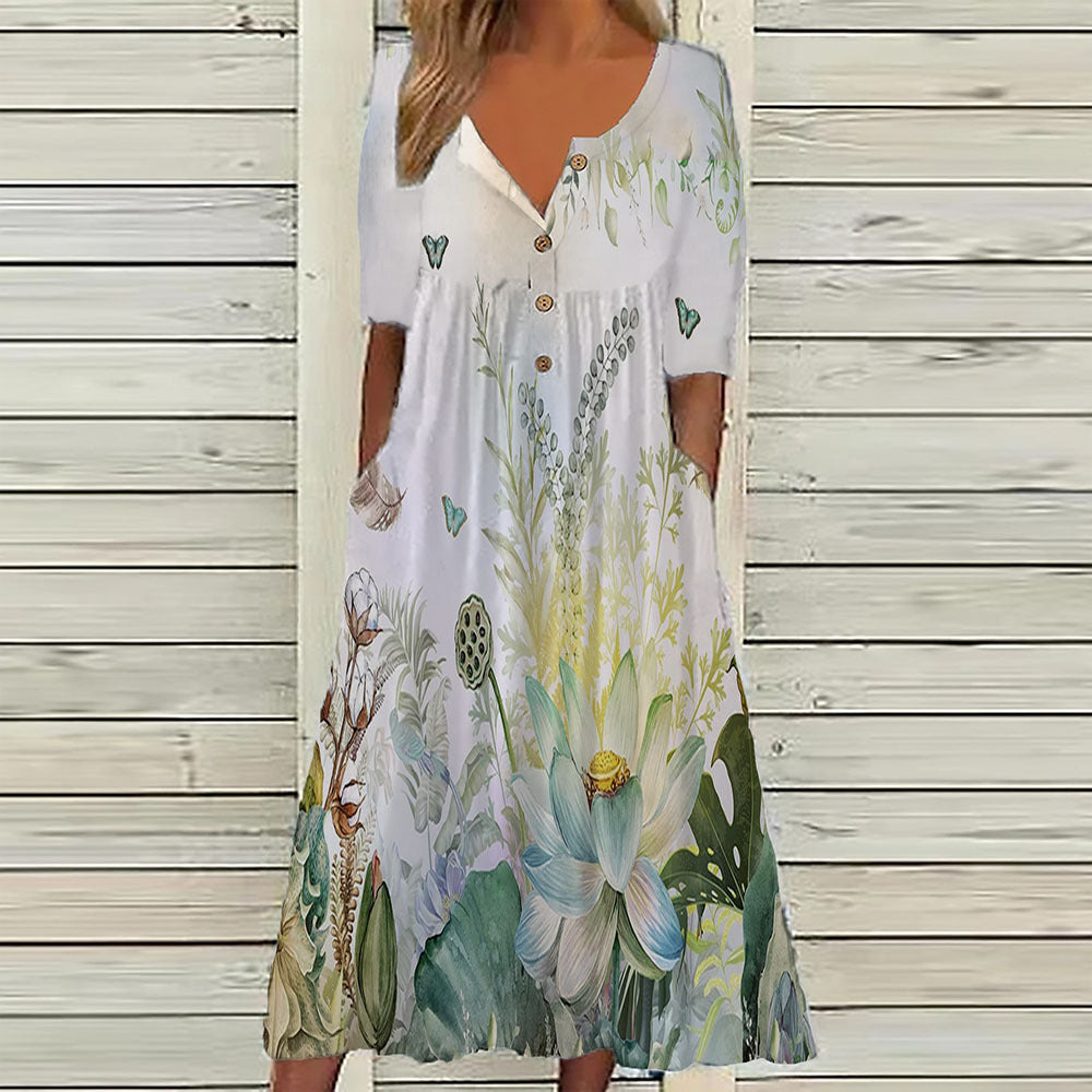 Casual Button-Front Floral Midi Dress – Relaxed Fit with Pockets in Various Designs