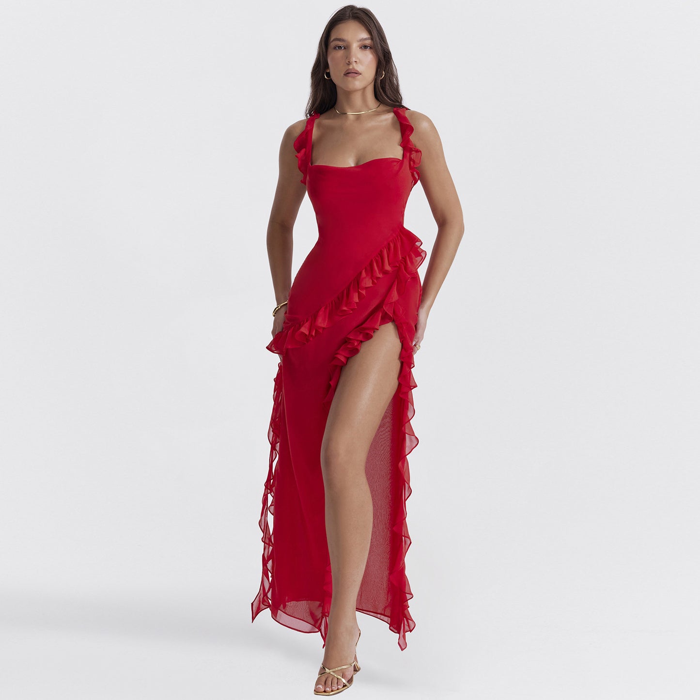 🔥 Women’s Asymmetric Ruffle High-Slit Maxi Dress - Elegant Evening & Party Dress - Available in Various Colours
