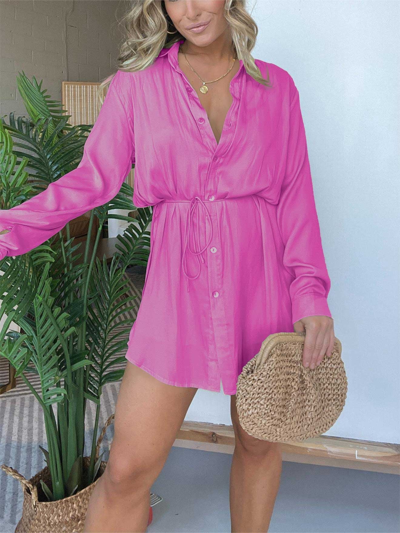 Women’s Oversized Button-Down Jumpsuit – Long Sleeve Casual Tunic – Belted Shirt Dress – Various Colours