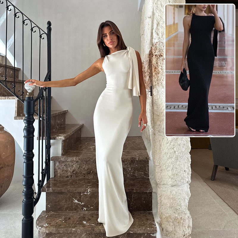 Elegant One-Shoulder Maxi Dress with Bow Detail – Evening Gown in Black or White