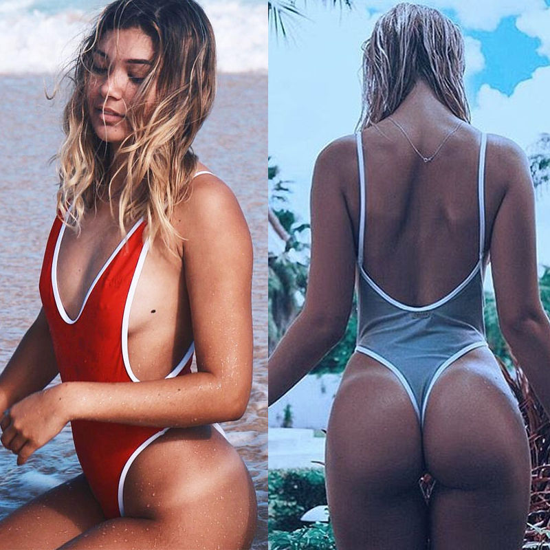 Summer Red White patchwork One Piece Swimsuit Sexy Thong Swimwear Women Bikinis Deep V Neck Bodysuit Monokini for women