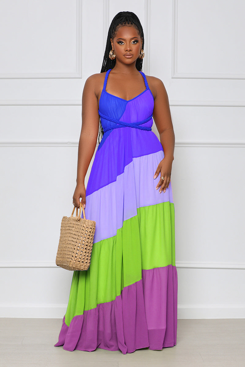π TrendPrints Colour Block Maxi Dress β Bold Multi-Tone Halter Neck Summer Dress β Available in Various Colours