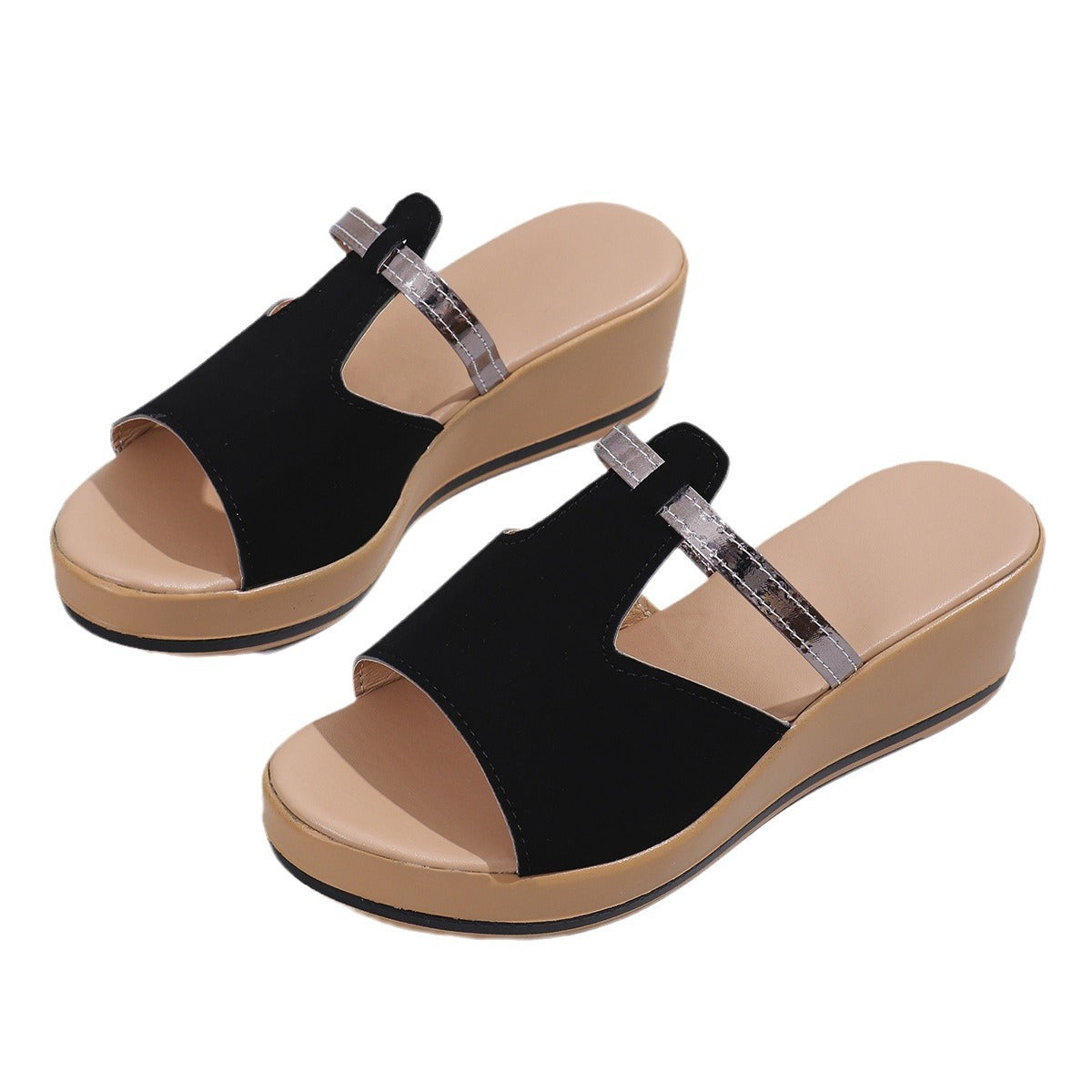 Women's Gold Slip-On Wedge Sandals – Elegant Comfort with a Metallic Twist