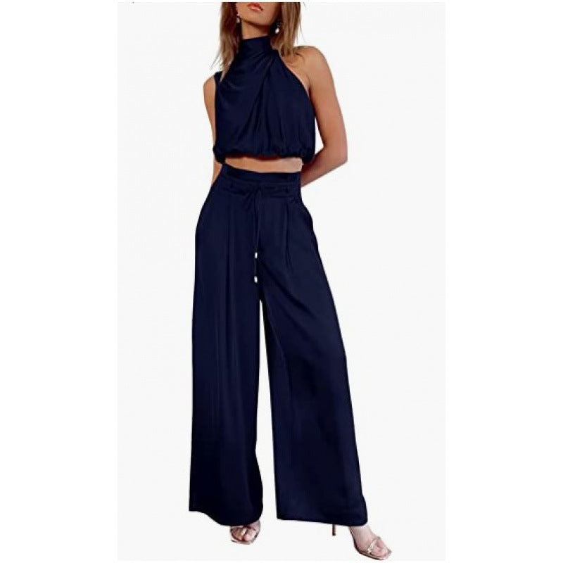 ✨ Women’s Satin 2-Piece Set - Draped Crop Top + Wide Leg High Waist Trousers - Perfect for Party & Evening - Available in Various Colours