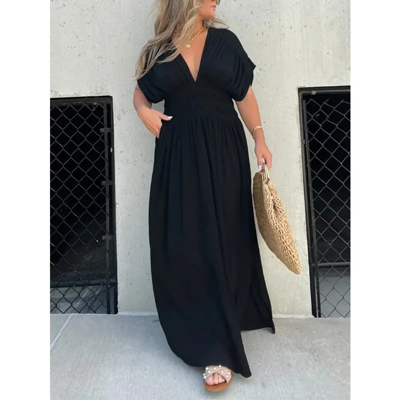 Boho V-Neck Maxi Dress with Pockets – Summer Flowy Style in Various Colours