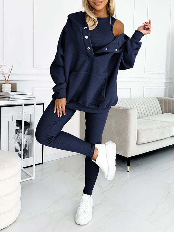 ✨ Women’s 3-Piece Lounge Tracksuit Set - Oversized Hoodie + Ribbed Top + Leggings - Various Colours Available