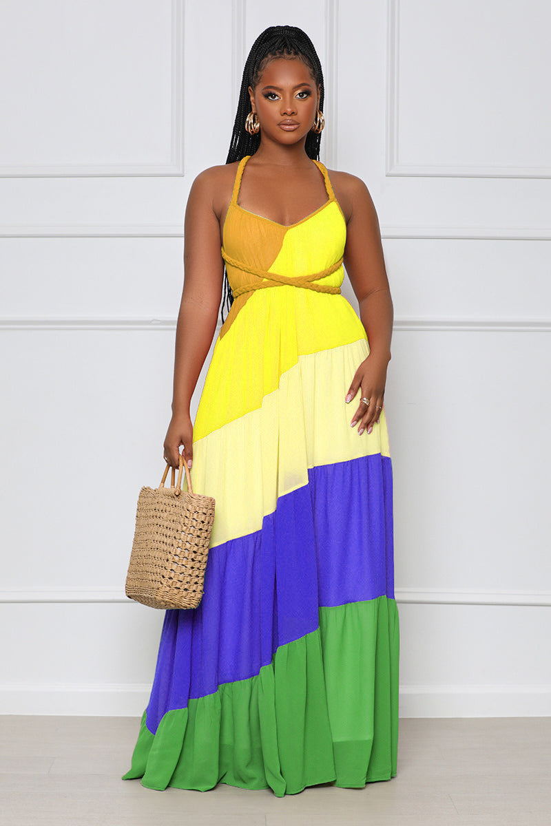 π TrendPrints Colour Block Maxi Dress β Bold Multi-Tone Halter Neck Summer Dress β Available in Various Colours