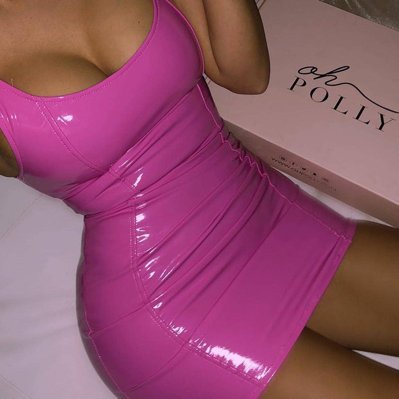 Hot Pink Latex-Look Bodycon Mini Dress β Curve-Hugging Party Dress in Various Colours