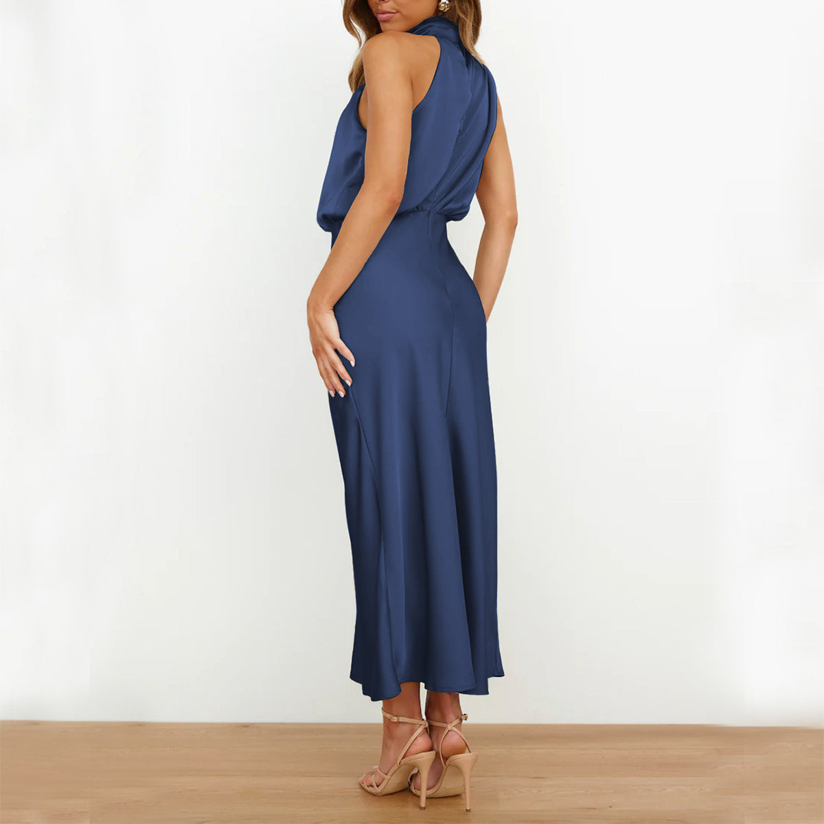 Women’s Elegant Satin High Neck Halter Evening Dress – Sleeveless Midi Dress – Party, Cocktail & Formal Wear – Various Colours