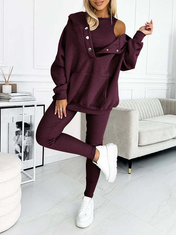 ✨ Women’s 3-Piece Lounge Tracksuit Set - Oversized Hoodie + Ribbed Top + Leggings - Various Colours Available