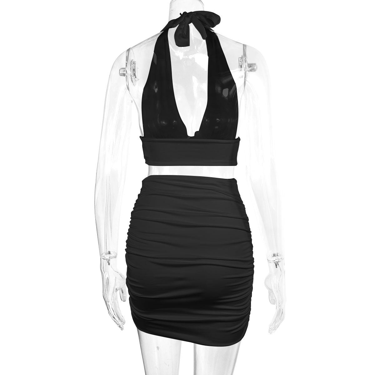 Sexy Halter Neck 2 Piece Mini Skirt Set – Ruched Bodycon Crop Top & Skirt Co-ord Outfit – Summer Party Set – Various Colours