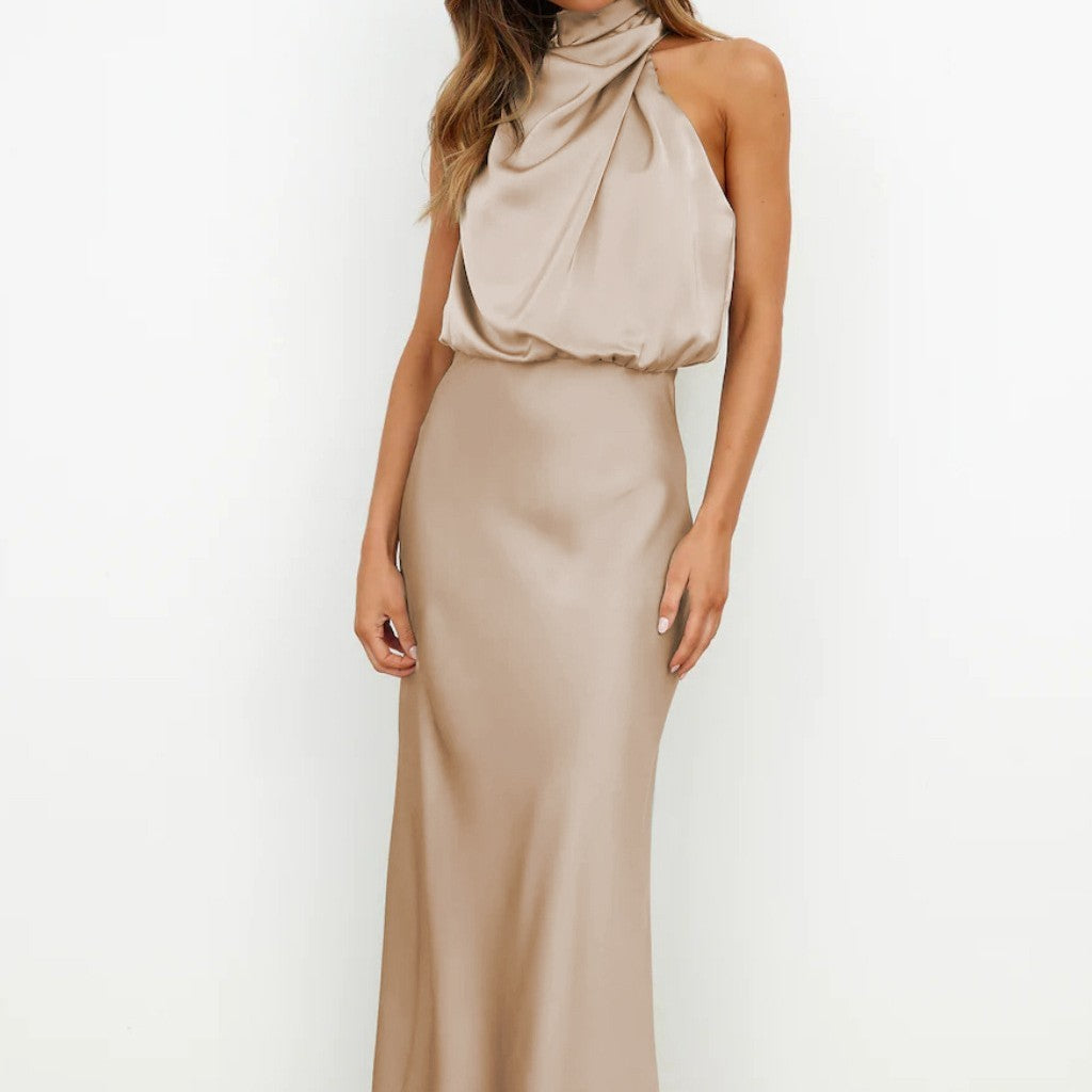 Women’s Elegant Satin High Neck Halter Evening Dress – Sleeveless Midi Dress – Party, Cocktail & Formal Wear – Various Colours