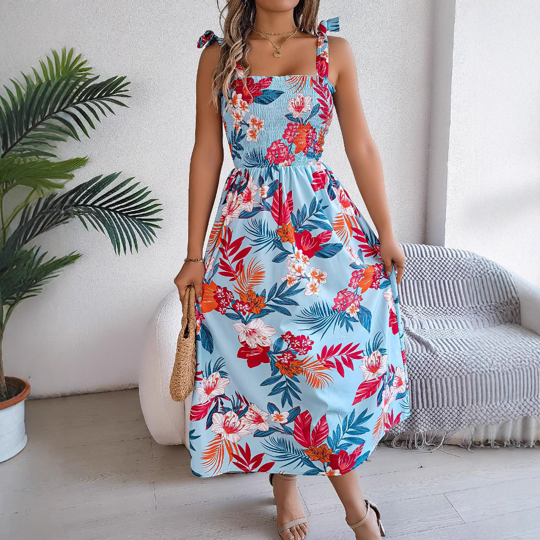 Floral Smocked Midi Sundress with Tie Straps – Tropical Summer Dress in Various Colours