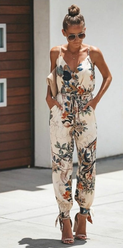 Summer Floral Print Jumpsuit – Lightweight, Tie Waist, Spaghetti Strap – Various Colours
