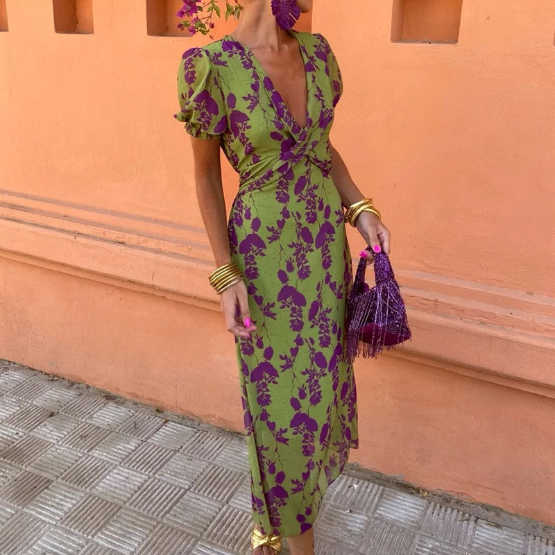 Elegant Floral Wrap Midi Dress – V-Neck Summer Style – Feminine & Flattering – Various Colours