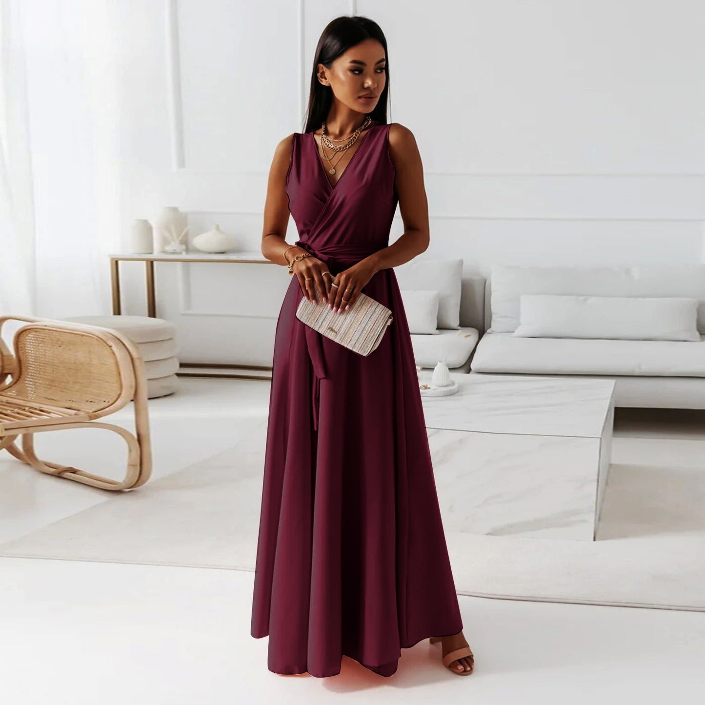 🌟 Elegant Sleeveless Wrap Maxi Dress with Belt – Evening, Wedding Guest & Party Dress – Flowy & Comfortable – Available in Various Colours