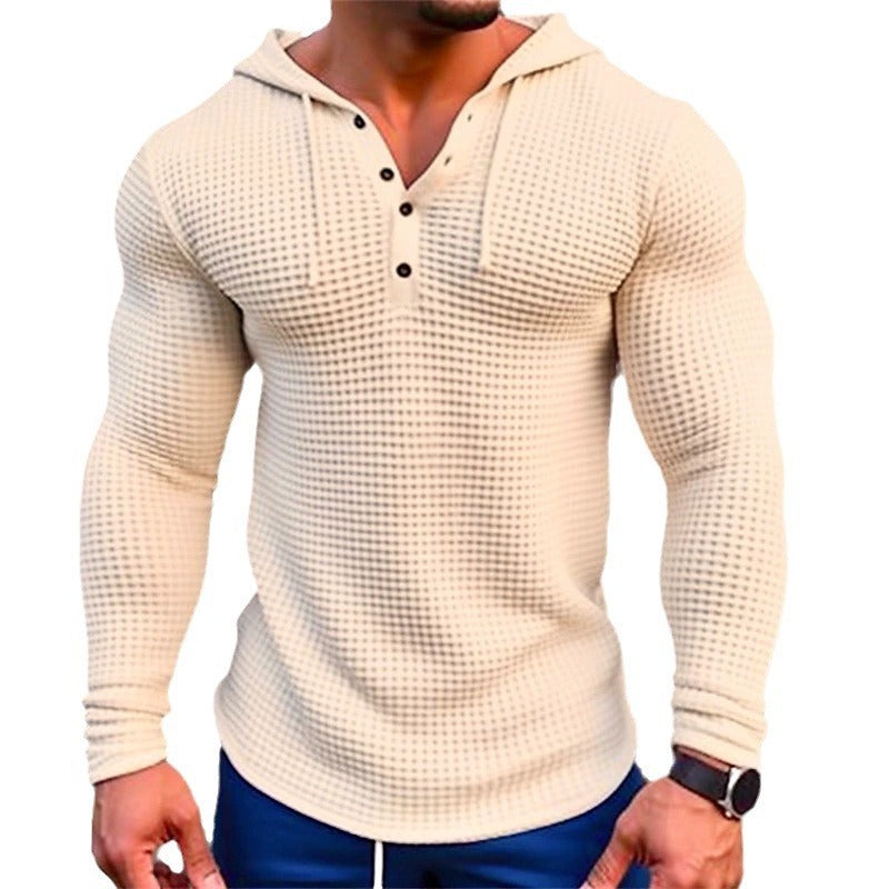 Men’s Textured Long Sleeve Hoodie Henley – Stylish Muscle Fit Pullover Top