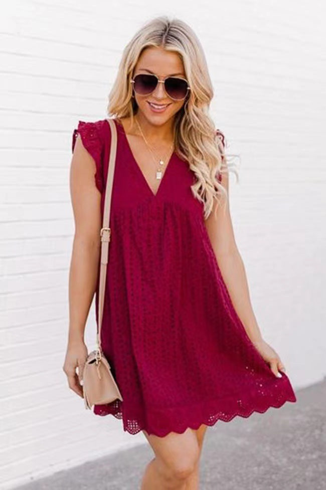 Elegant Eyelet Lace V-Neck Summer Dress – Lightweight, Flowy, and Available in Various Colours