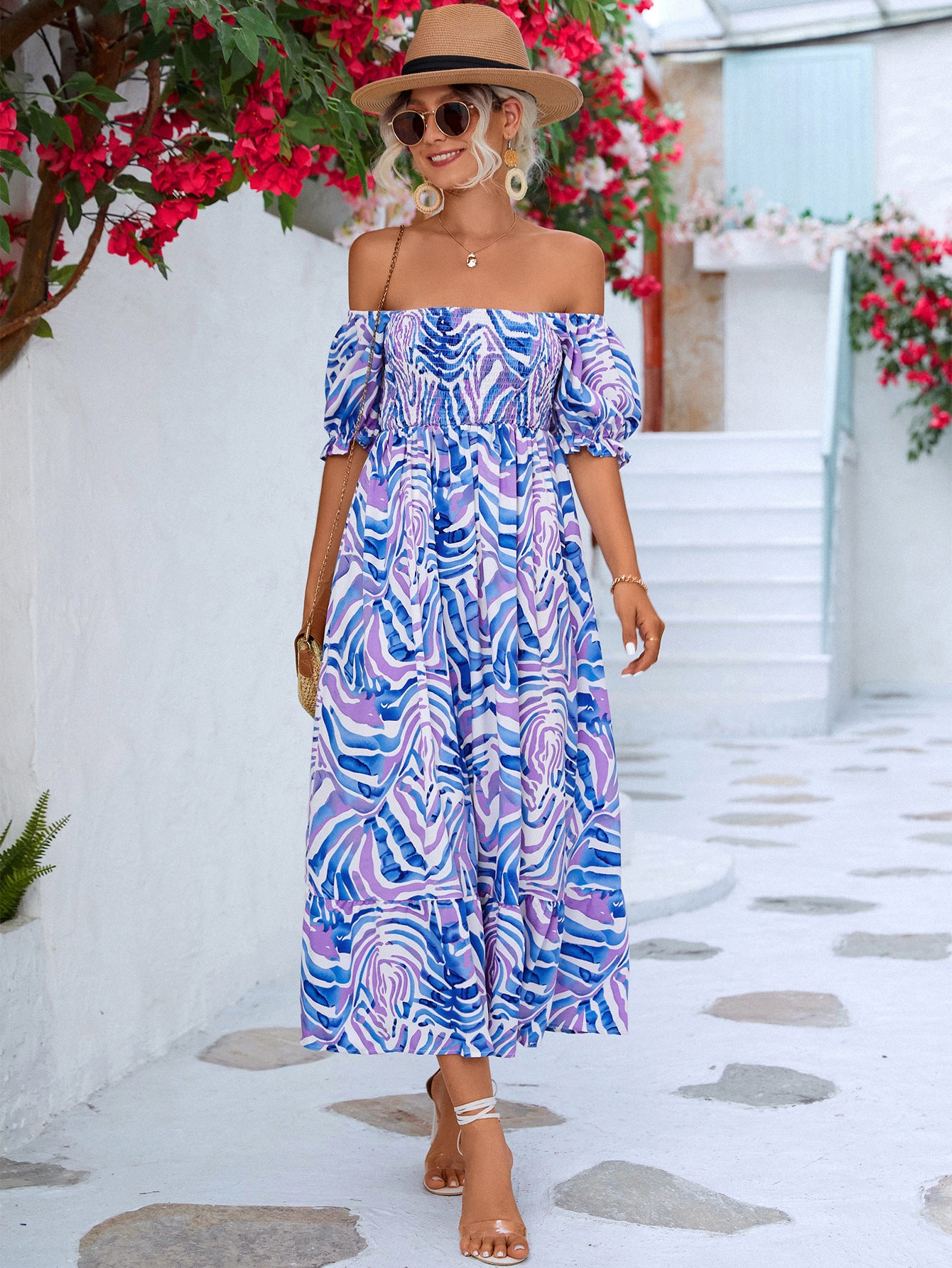 πΈ TrendPrints Off-Shoulder Boho Midi Dress β Smocked Summer Holiday Dress with Puff Sleeves β Available in Various Colours