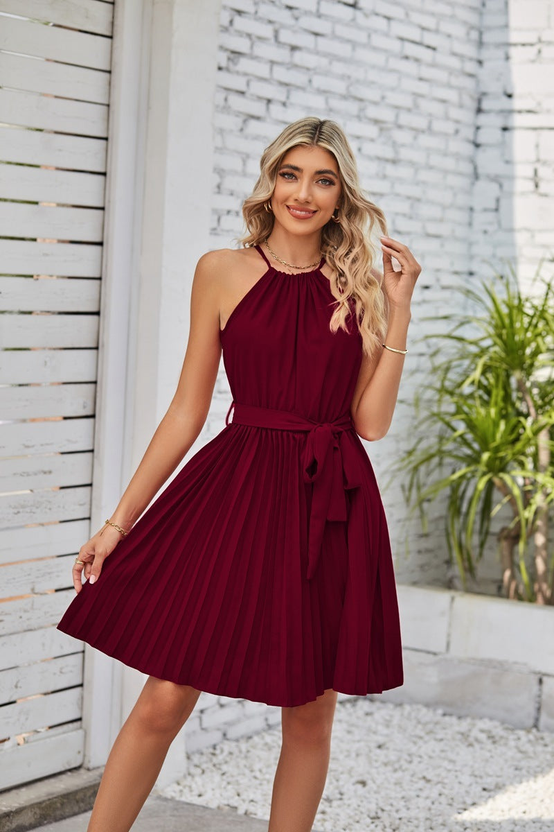 ποΈ TrendPrints Women's Pleated Halter Neck Dress β Elegant Summer Mini Dress with Belt β Available in Various Colours