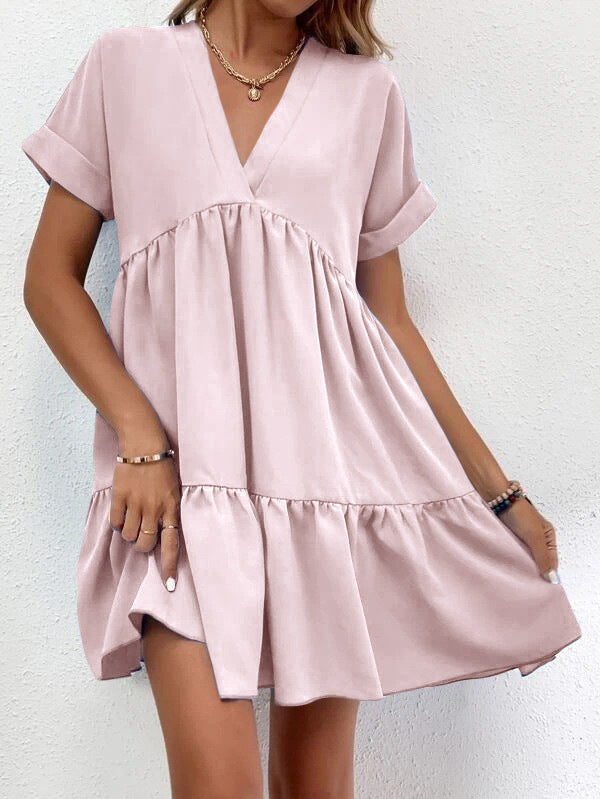 ✨ Women's V-Neck Tiered Mini Dress - Casual Loose Short Sleeve Summer Dress - Available in Various Colours