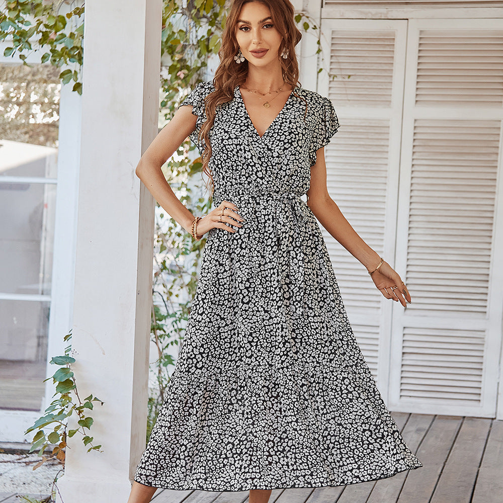 Flutter Sleeve Wrap V-Neck Midi Dress – Various Colours | Floral Summer Midi with Belted Waist