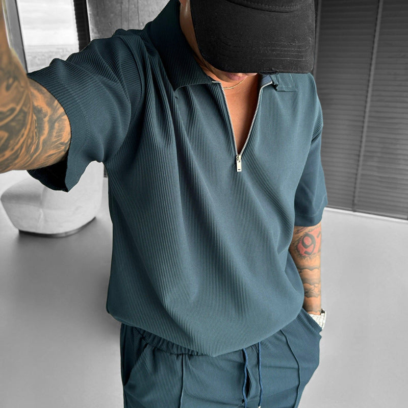 🔥 Men’s Ribbed Zip Polo Shirt & Shorts Set – Summer Casual Loungewear Co-ord (Various Colours)