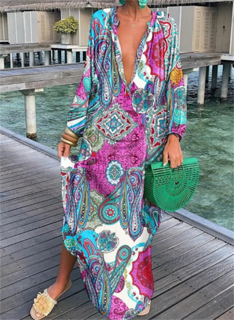 Women’s Boho Print Kaftan Maxi Dress – Flowy Beach Cover Up & Summer Dress | Various Designs