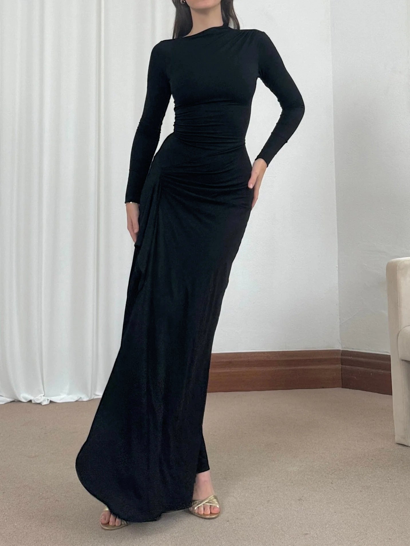 ✨ Elegant Long Sleeve Ruched Maxi Dress – Available in Various Colours