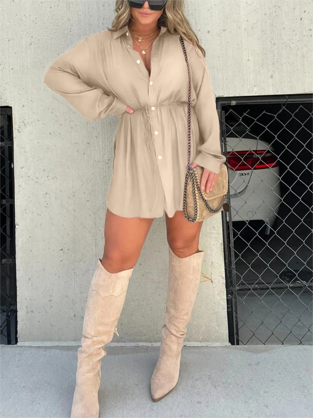 Women’s Oversized Button-Down Jumpsuit – Long Sleeve Casual Tunic – Belted Shirt Dress – Various Colours