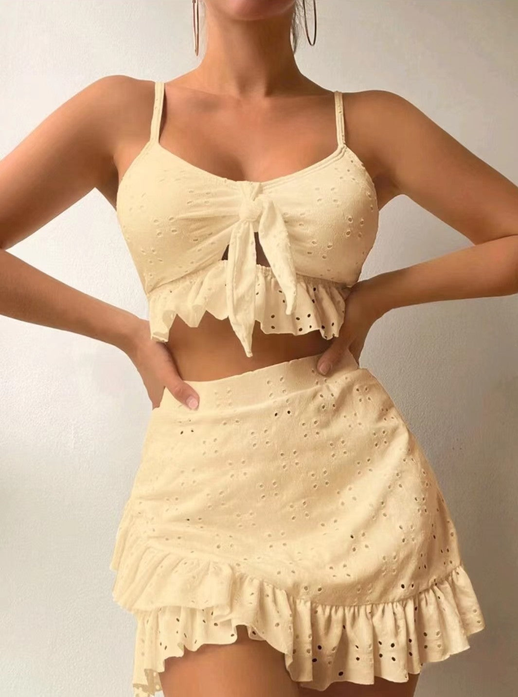 Women’s 3-Piece Summer Co-ord Set – Tie Front Crop Top, Ruffle Skirt & Cover-Up | Various Colours