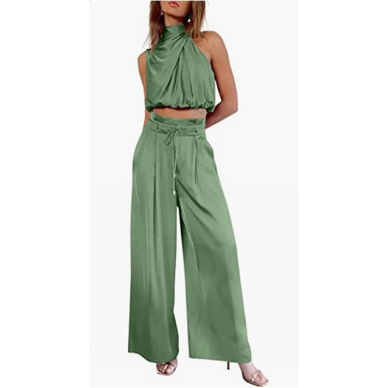✨ Women’s Satin 2-Piece Set - Draped Crop Top + Wide Leg High Waist Trousers - Perfect for Party & Evening - Available in Various Colours