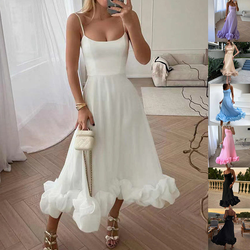 Elegant Ruffle Hem Midi Dress with Spaghetti Straps – Various Colours