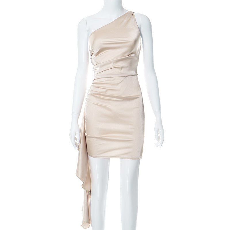Satin One-Shoulder Draped Mini Dress – Various Colours