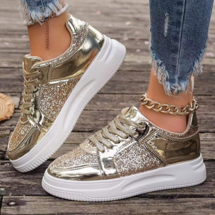 Women's Glitter Gold Platform Trainers – Shiny Lace-Up Sneakers with Chunky Sole for Everyday Glam Look