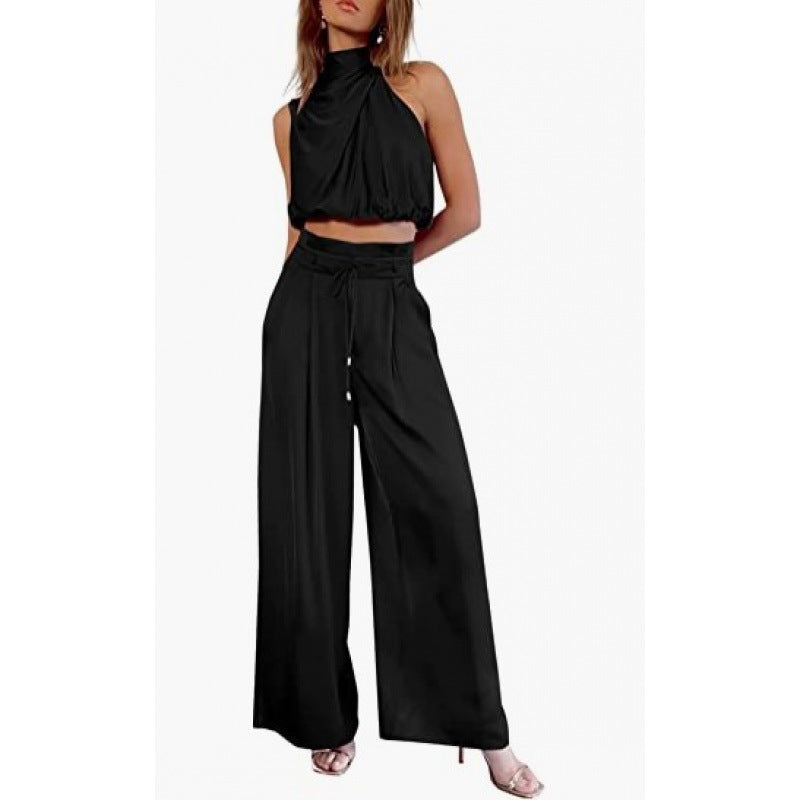✨ Women’s Satin 2-Piece Set - Draped Crop Top + Wide Leg High Waist Trousers - Perfect for Party & Evening - Available in Various Colours