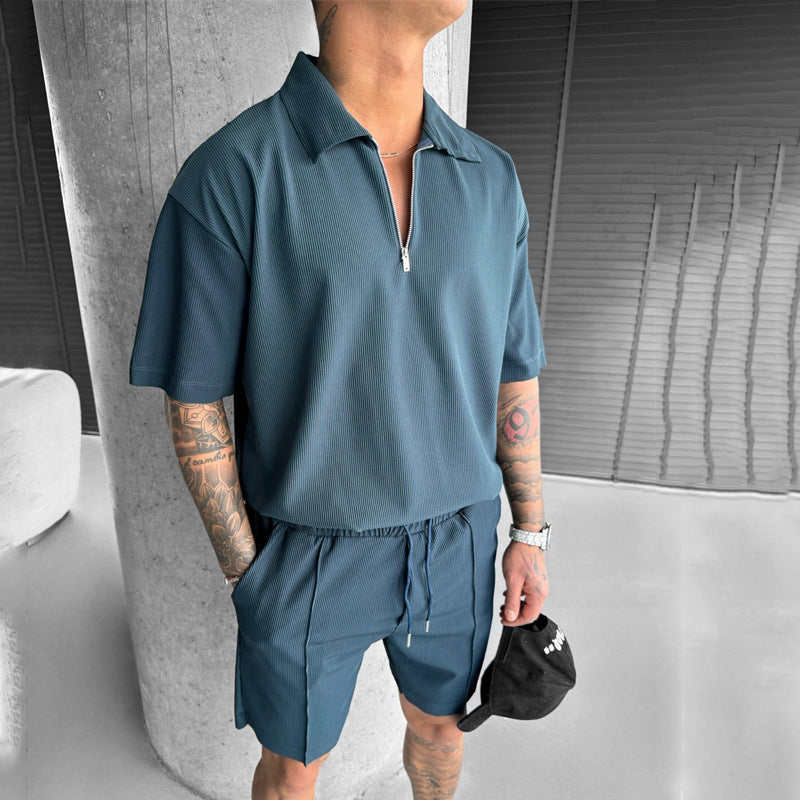 🔥 Men’s Ribbed Zip Polo Shirt & Shorts Set – Summer Casual Loungewear Co-ord (Various Colours)