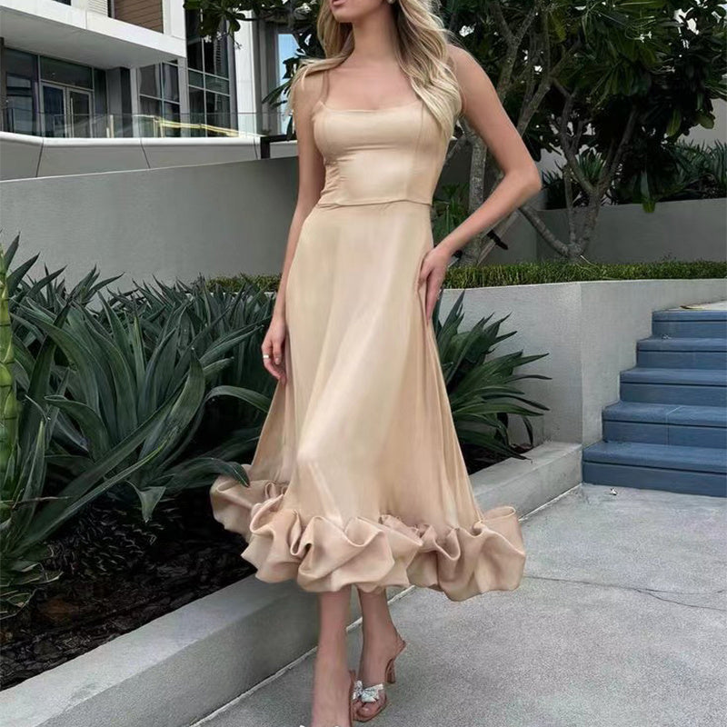 Elegant Ruffle Hem Midi Dress with Spaghetti Straps – Various Colours