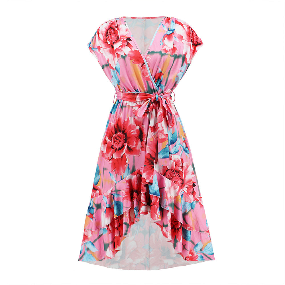 π· TrendPrints Floral Wrap High-Low Dress β Ruffle Hem Summer Midi Dress with Tie Waist β Available in Various Colours