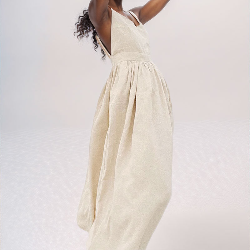 🌿 Linen-Look Tie Strap Midi Dress – Relaxed Elegance for Every Summer Occasion