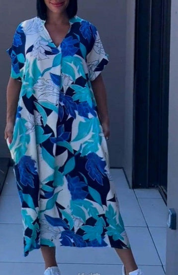 New Women's Short Sleeved Popular V-neck Simple And Fashionable Printed Casual Dress Loose Dress