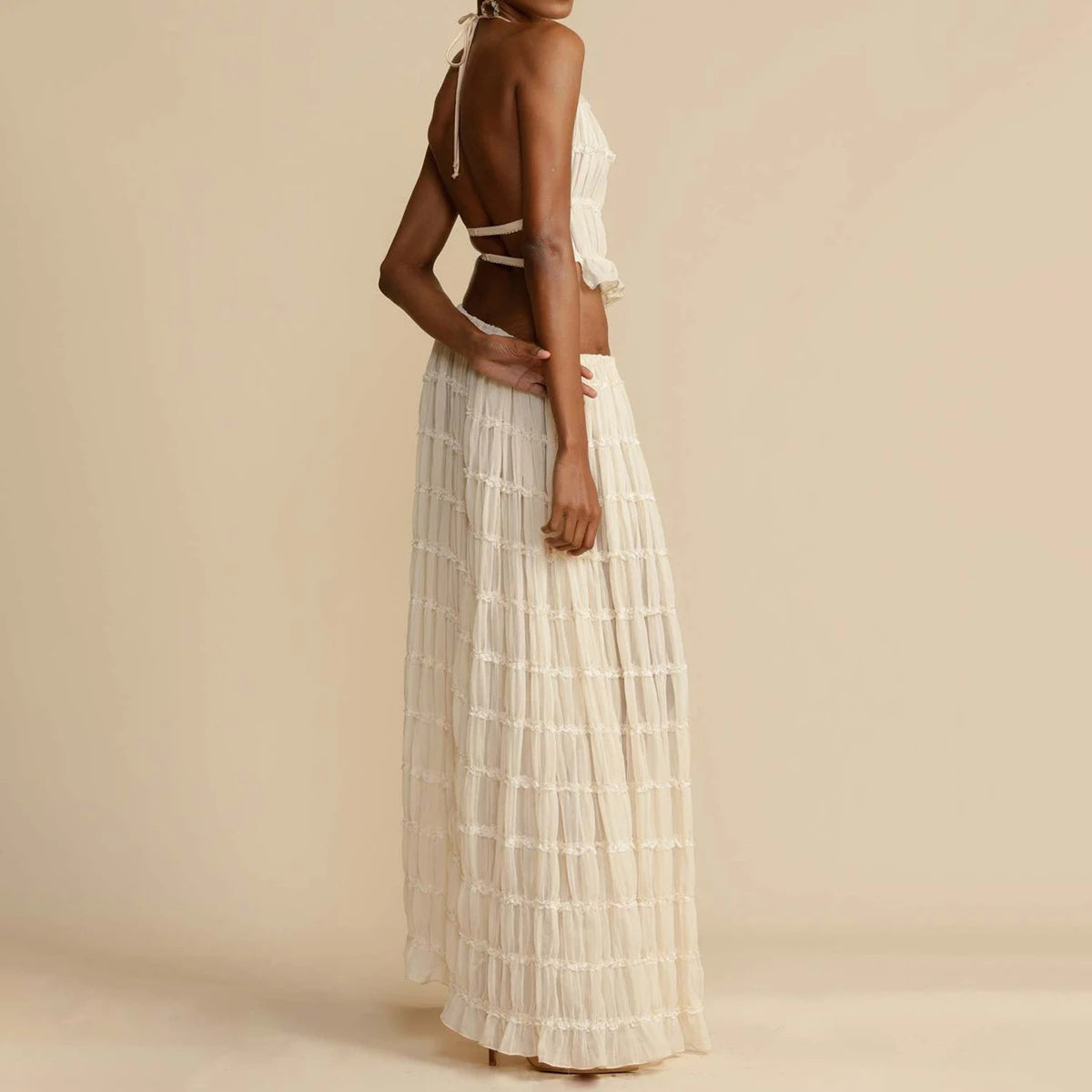 Boho 2 Piece Beach Set – Ruffle Halter Neck Crop Top & Maxi Skirt – Lightweight Summer Holiday Outfit – Various Colours