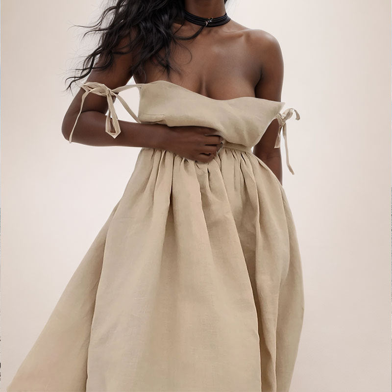 🌿 Linen-Look Tie Strap Midi Dress – Relaxed Elegance for Every Summer Occasion