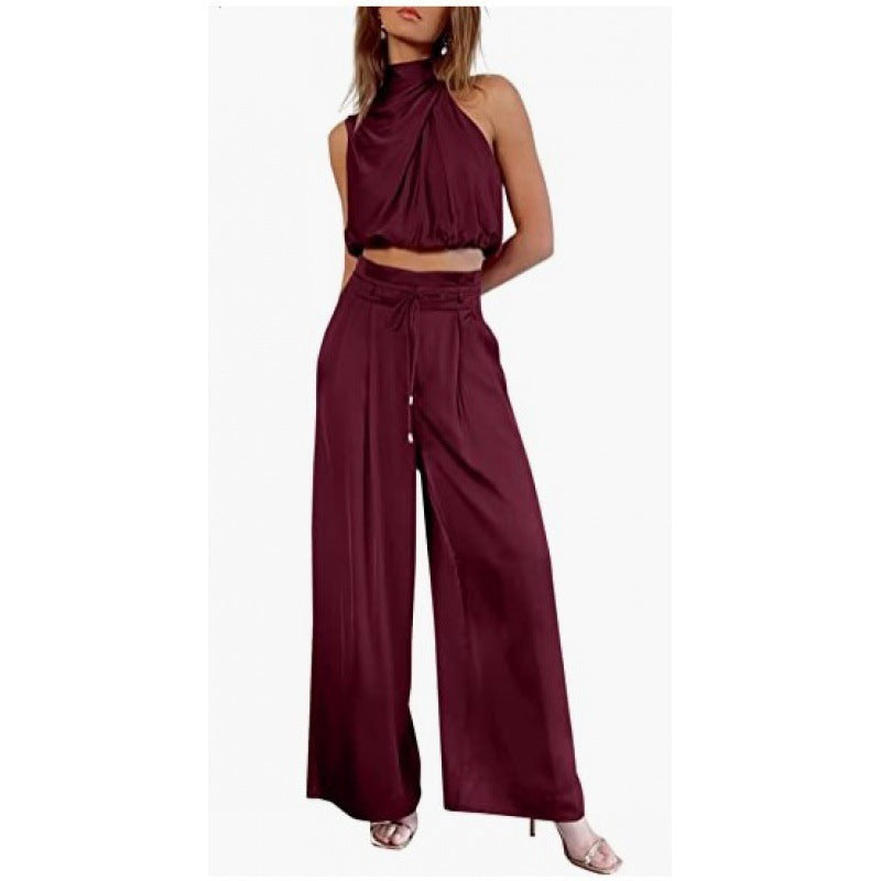 ✨ Women’s Satin 2-Piece Set - Draped Crop Top + Wide Leg High Waist Trousers - Perfect for Party & Evening - Available in Various Colours