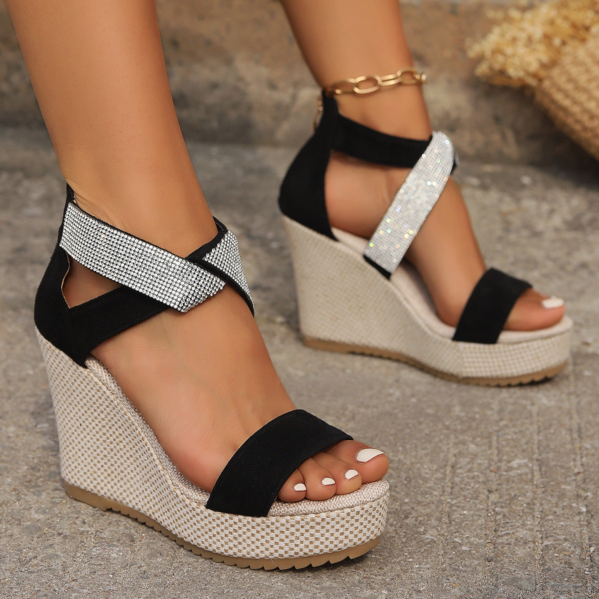 Sparkly Rhinestone Criss-Cross Wedge Sandals – Glam Platform Heels for Summer Parties and Evenings Out