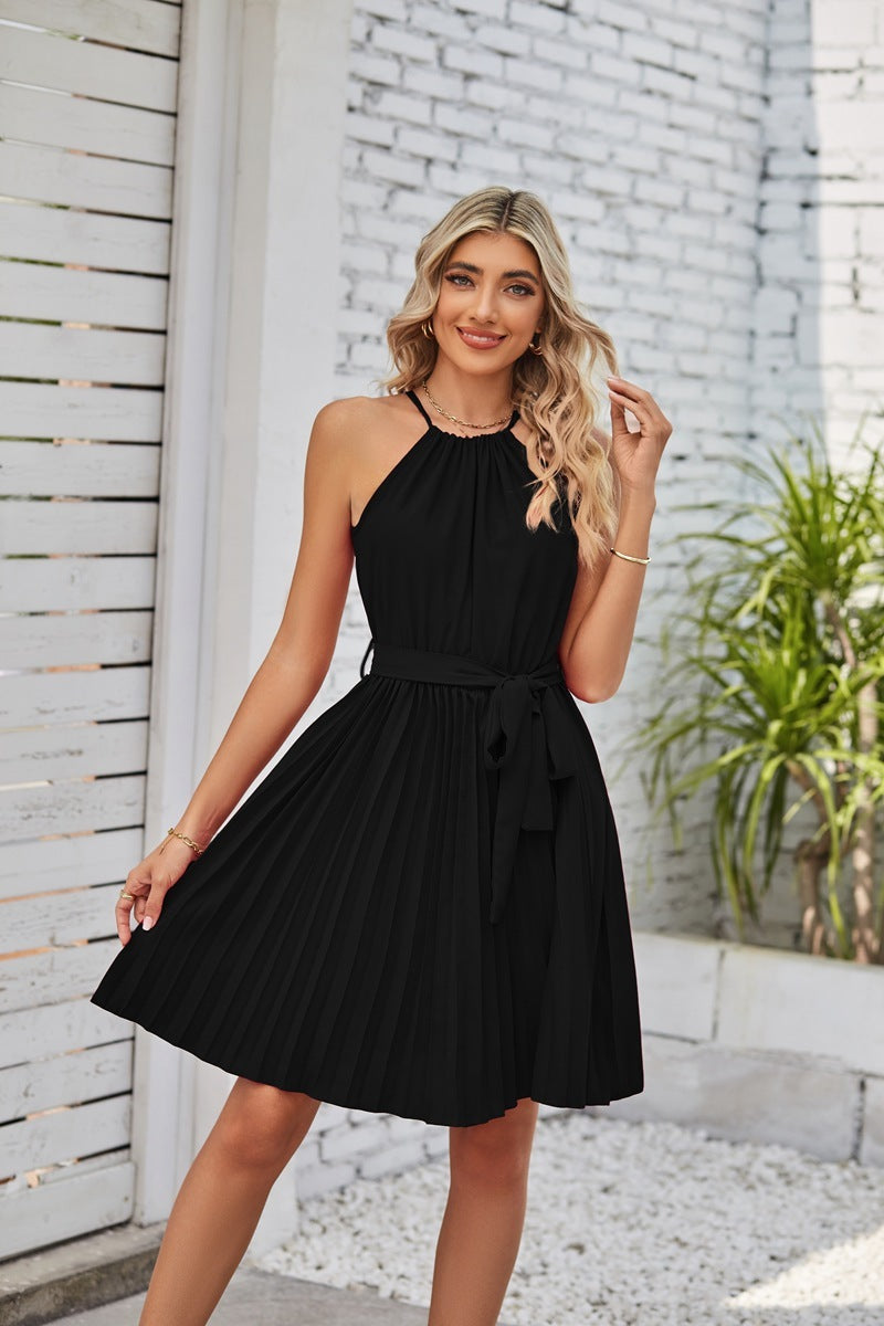 ποΈ TrendPrints Women's Pleated Halter Neck Dress β Elegant Summer Mini Dress with Belt β Available in Various Colours