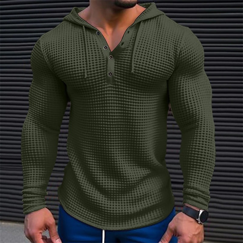 Men’s Textured Long Sleeve Hoodie Henley – Stylish Muscle Fit Pullover Top